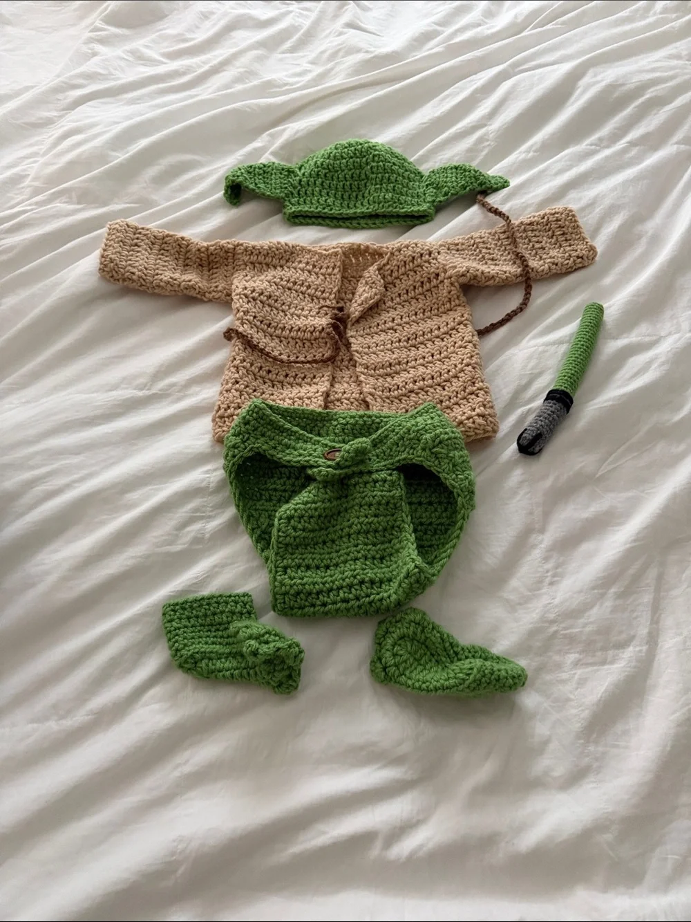 Green and Tan Baby Yoda Crochet Costume Set for Kids